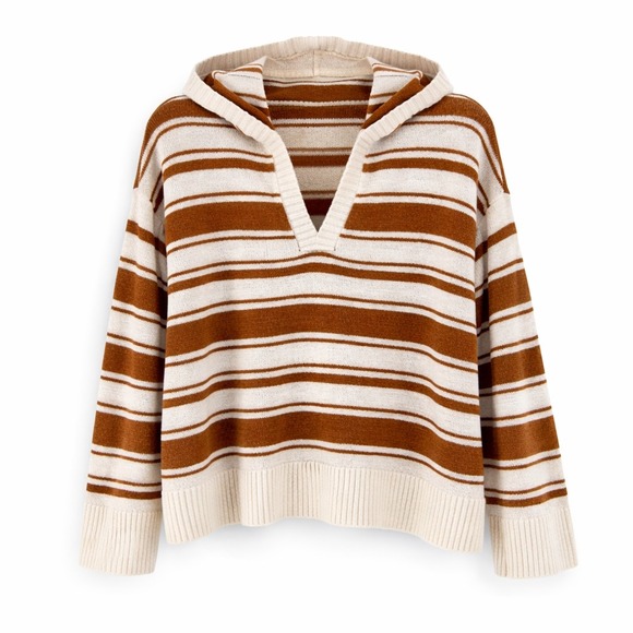 LOFT Tops - Loft Womens Striped Knit Hoodie Sweater Rust Cream Medium V-Neck